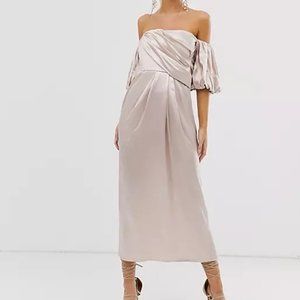 Satin off shoulder midi dress